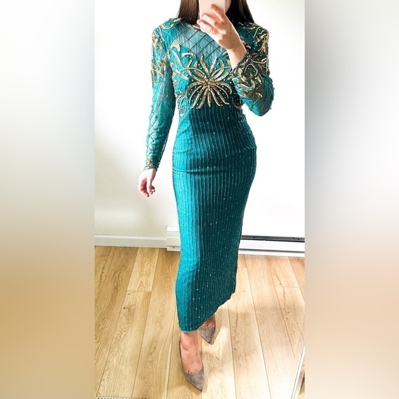 Laurence Kazar Teal Beaded Silk Vintage Formal Evening Dress sz Small - Picture 2 of 16